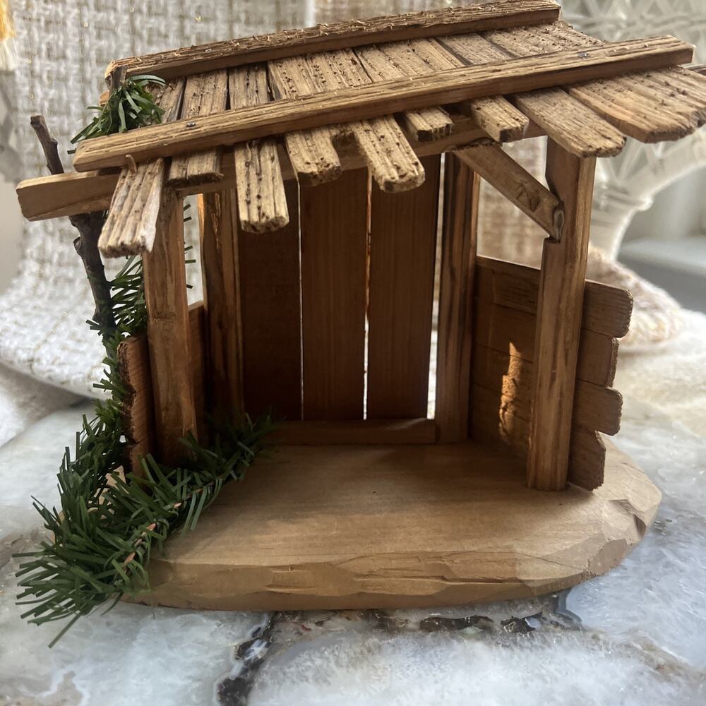 Vintage ANRI Wood Nativity Stable Creche Manger Hand Carved Italy Label 1970s